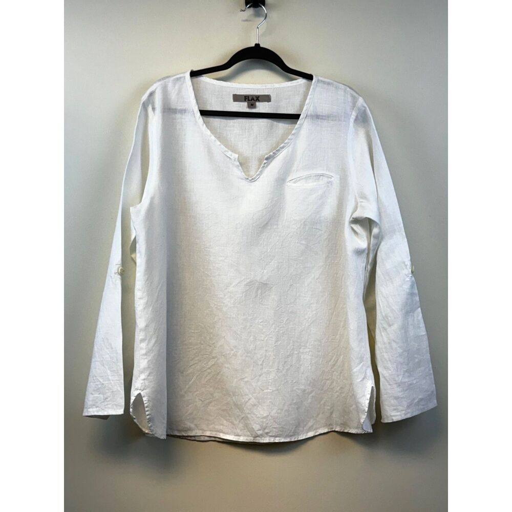 FLAX White 100% Linen Roll Tab Long Sleeves Chest Pocket Tunic, Sz M
